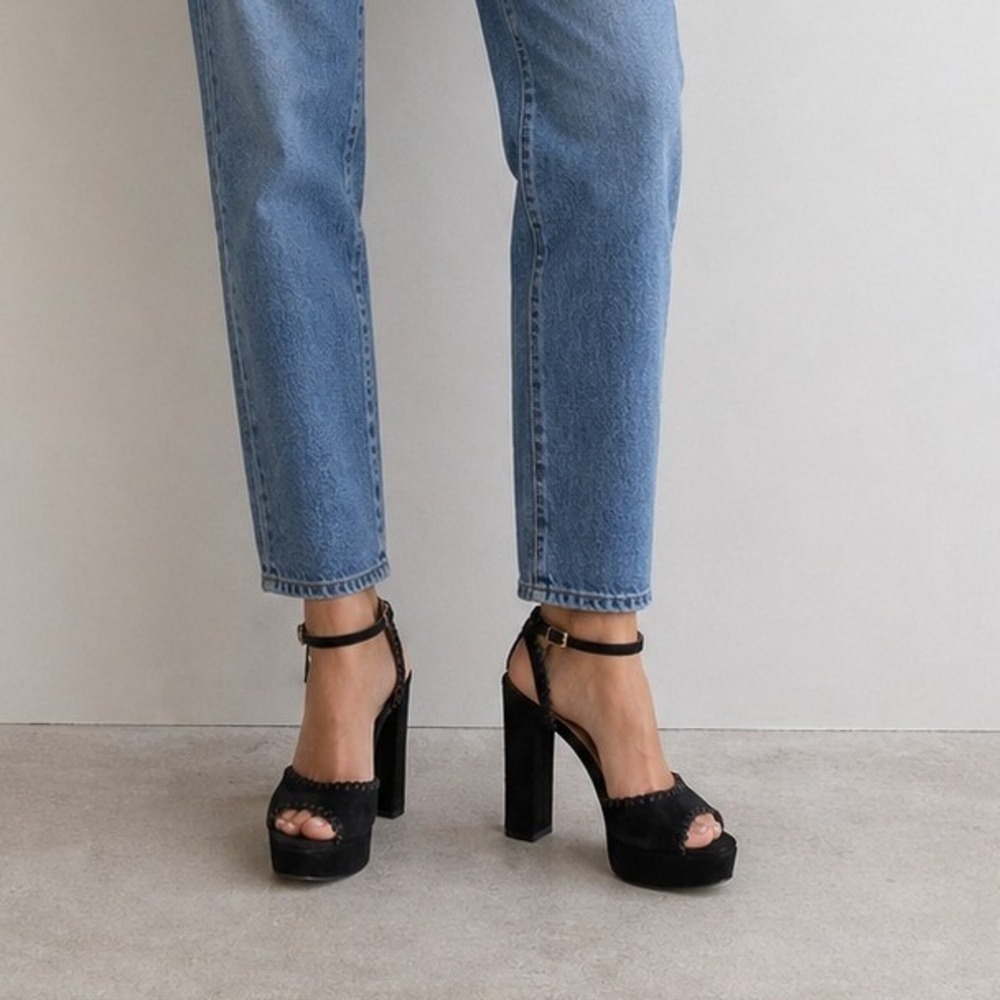 Dee Keller Heels Womens 38.5 Black Purple Suede‎ Whipstitch Platform Sandals